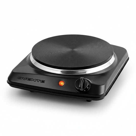 OVENTE Electric Countertop Single Burner, 1000W Cooktop with 7.25 Inch Cast Iron Hot Plate, 5 Level Temperature Control, Compact Cooking Stove and Easy to Clean Stainless Steel Base, Black BGS101B