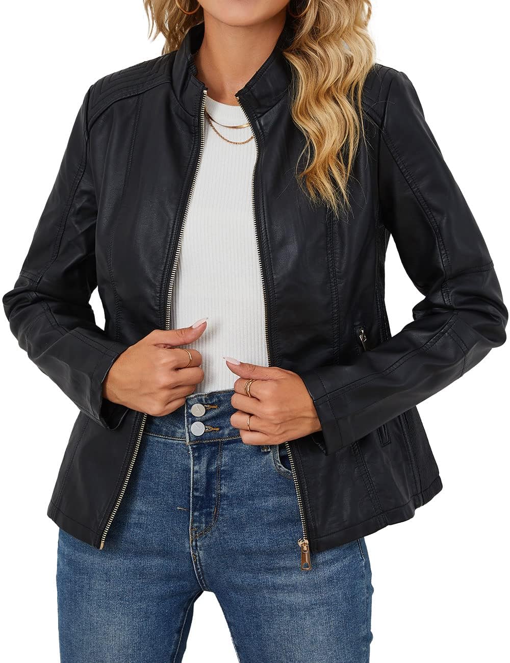 Bellivera Faux Leather Women Motorcycle Stand Collar Jacket Black XL