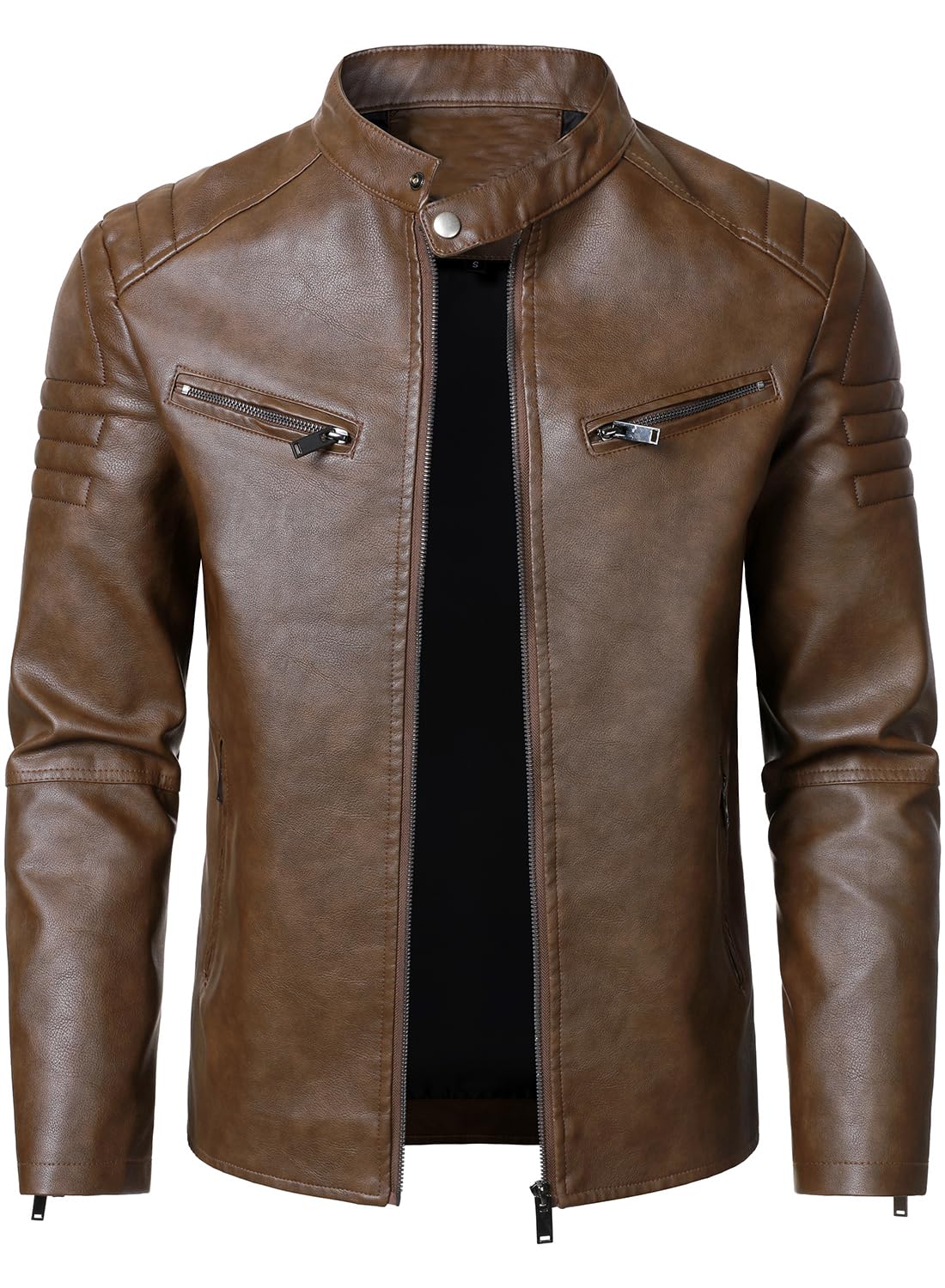 HOOD CREW Men’s Faux Leather Motorcycle Jackets Stand-up Collar Leather Jacket Vintage Coats Outwear Brown M