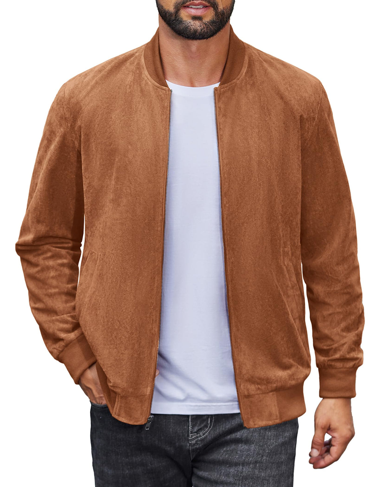 COOFANDY Suede Bomber Jacket Mens Lightweight Jackets Casual Varisty Jacket Zip Up Coat Brown, Large
