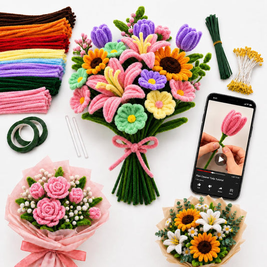 Anpyxun Pipe Cleaner Flower Kit for Adults, DIY Flower Bouquet Kit with Step-by-Step Video Tutorials, 600PCS Flower Craft Set for Beginners, Handmade Forever Flower Bouquet Making Supplies