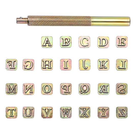 OwnMy 27PCS Leather Stamping Tools Kit Includes 26PCS 8mm Capital Letters Alphabet Stamps and 1 Steel Punch Handle, Metal Leathercarft Embossing Stamp Tools for Leather Art Crafts Marking/Working