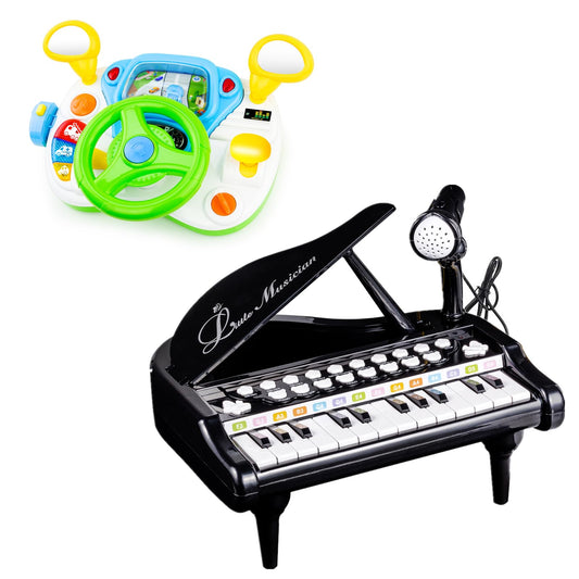 24 Keys Black Piano Toy and Steering Wheel Toy for Baby