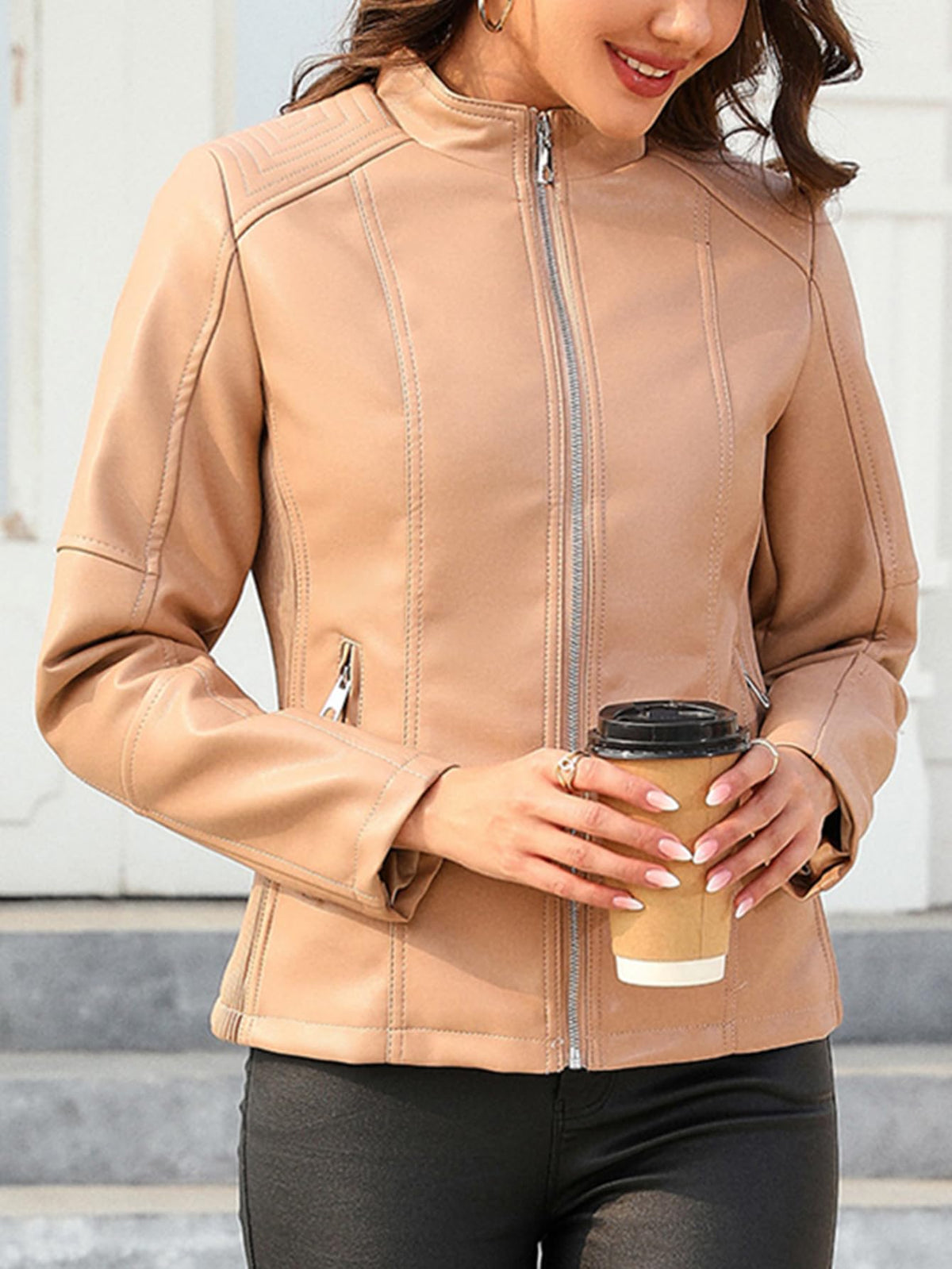 Bellivera Faux Leather Women Motorcycle Stand Collar Jacket Khaki XL