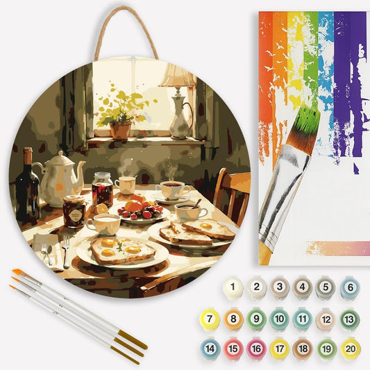 Country Kitchen Paint by Numbers Kit for Adults on Wood Board – DIY Rustic Breakfast Table Scene Wood Craft Painting Kit, 12 in Round, Acrylic Paint Set, Beginner-Friendly, Relaxing Home Decor Gift