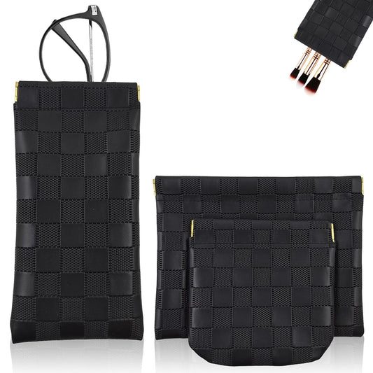 3Pcs Small Makeup Bag for Purse, Waterproof Portable Checkered Leather Makeup Pouch, Small Purse Pouches for Purse Small Coin Purse Organizer Pouches Snap Closure Pocket Cosmetic Bag for Women (Black)