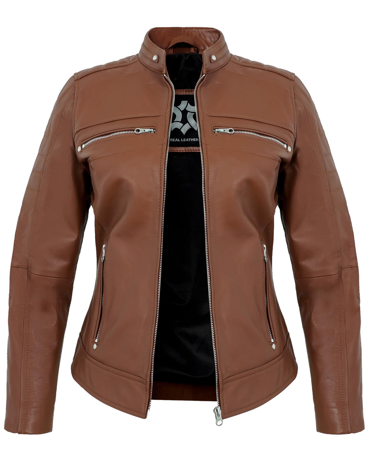 UrbanFocal Brown Leather Jacket Women - Real Lambskin Leather Motorcycle Jackets Women | [101015503] Cafe Racer Cognac W/o Wax, M