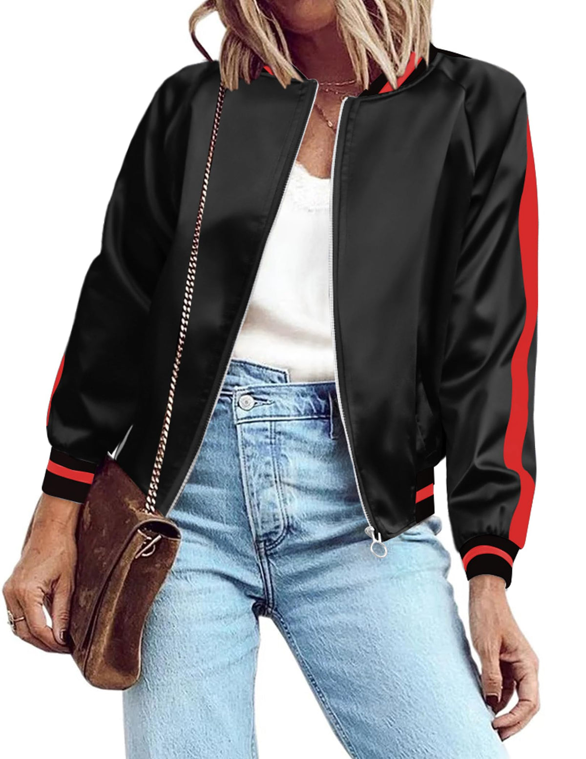 Zeagoo Women's Classic Solid Striped Biker Jacket Zip Up Fashion Bomber Jacket Coat Black Medium