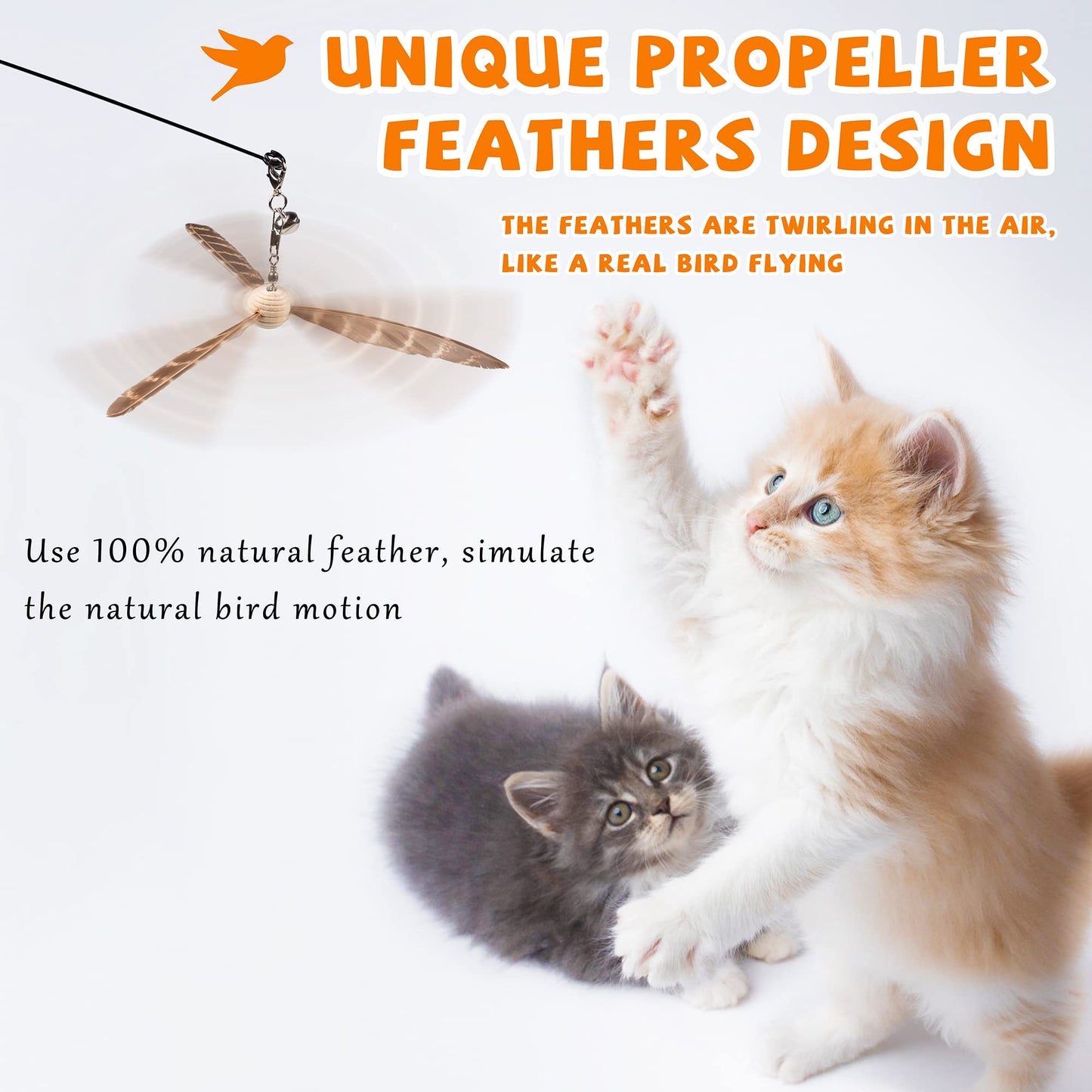 JXFUKAL Cat Wand Toys, Interactive Cat Toys with 3 Feather Refills, 29'' Flexible Steel Wire, Sturdy Wood Handle & Bell for Kitty Kitten, Cat Toys for Indoor Cats Teaser Cat String Toy