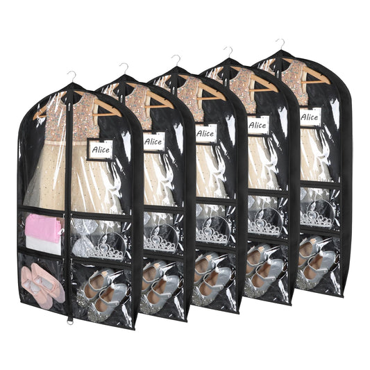 Syeeiex 3" Gusseted Clear Dance Costume Garment Bag(5 Pack), 40'' Dance Garment Bags for Dancers with 4 Zipper Pockets & Can Hold 1-3 Dance Costumes - Suitable for Dance Competitions, Ballet(Black)