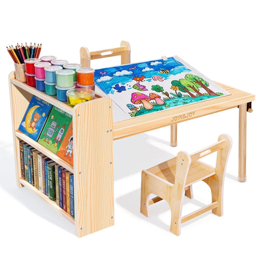 JOIN&JOY Children's Art Table and 2 Chair Set, Multifunctional Craft Table with Storage Shelves, Toddler Activity for Creativity, Drawing, Learning & Playtime