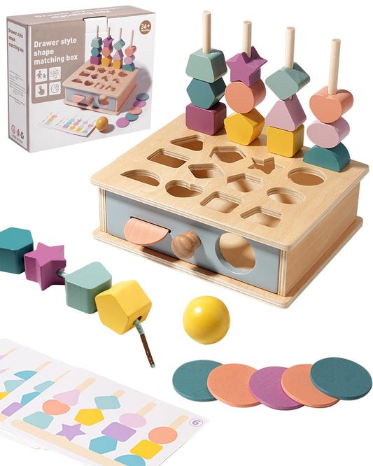 Biottro Montessori Toys for 3 4 5 Year Old - 5 in 1 Learning Education Toy for Toddler Kid Boys Girls - Shape Matching Stacking Color Sorting Beads Lacing Sensory Fidget Gifts