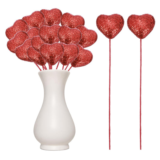 MECCANIXITY 24 Pcs Glitter Heart Shaped Picks Puffy Foam Hearts Floral Sparkly Stick for Valentine's Day Wedding Decorations Home Vase Supplies Flower Arrangements Crafts (Red, 4cm x 22cm)