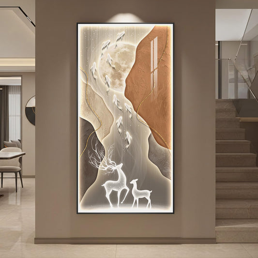 Large Framed Modern Neutral LED Wall Art for Hallway, Vertical Lighted Luxury Minimalist Moon Deer Artwork for Walls, Dimmable Backlit Wall Decor for Living Room, Entryway, Home Office, 30 x 60 Inch
