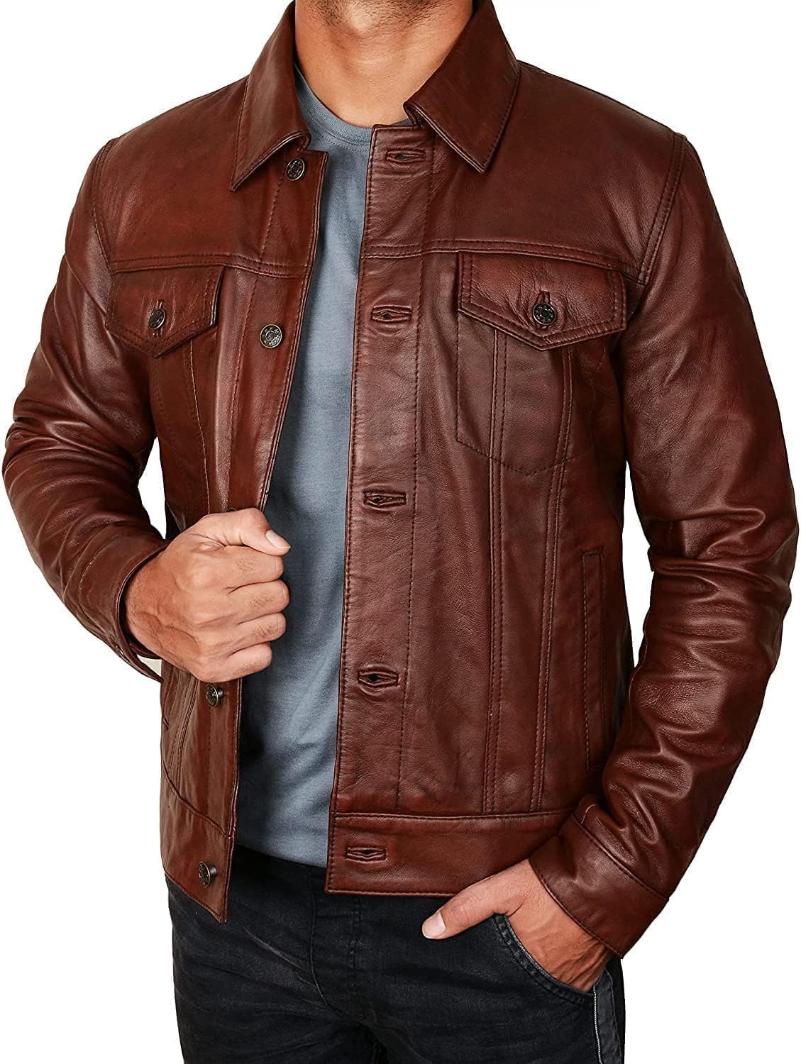Brown Trukcer Jacket Men - Chaqueta De Cuero Marron | Trucker Brown - S