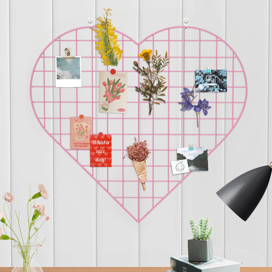ECLENYES Grid Photo Wall Panels - 22.4"x20.4" Heart Shape Iron Rack Art Wire Board, Wall Grid Organizer, DIY Photo Frame for Home, Office, Kitchen, Bedroom, Christmas Gifts - Pink