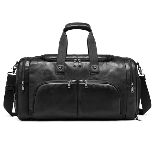 Leather Travel Duffle Bags for Men Women, Weekender Overnight Bag with Shoe Compartment Waterproof Carry on Duffle Bags for Airplanes Gym Sport Business Bag