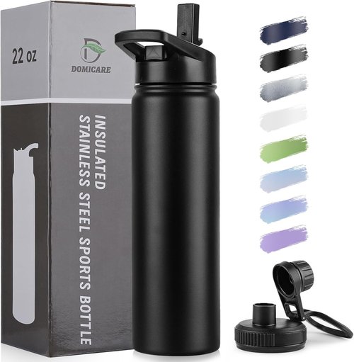 Domicare Insulated Water Bottle - 22 oz Stainless Steel Vacuum Bottle with Straw & Spout Lid | Leakproof Black