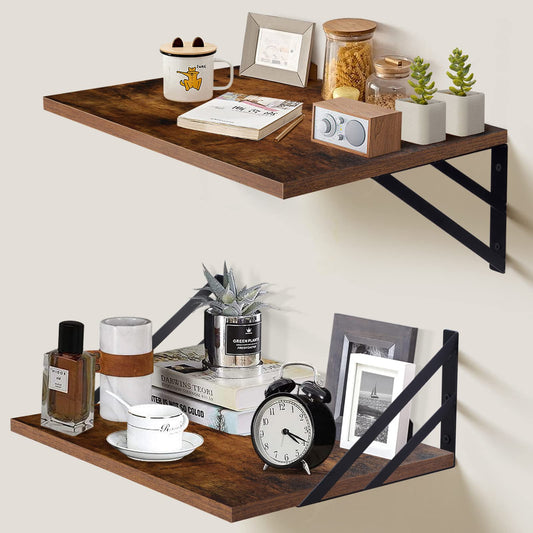 Tectocker-DOU 2 Pc Deep Floating Shelves ; Wall Mounted Hanging Shelves for Living Room, Kitchen, Office, Bathroom and Bedroom Decor; Storage and Display Shelf Set (Brown, 16W×12D)