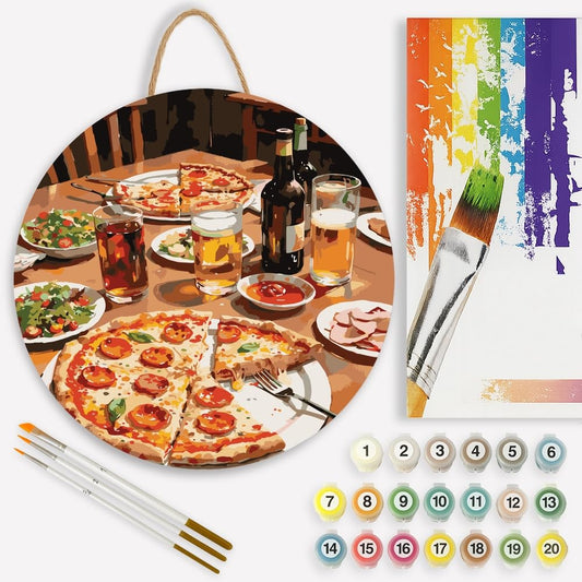Food and Drink Paint by Numbers Kit for Adults on Wood Board – DIY Pepperoni Pizza and Drink Table Wood Craft Painting Kit, 12 in Round, Acrylic Paint Set, Beginner-Friendly, Relaxing Home Decor Gift