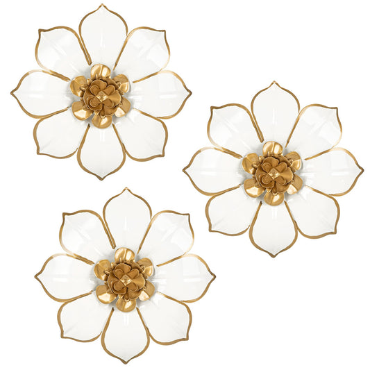 Metal Flowers Wall Decor White and Gold Wall Art Decorations Hanging 3 Pc Rustic Modern Floral Sculpture Wall Accent Artwork Indoor Outdoor for Bathroom Kitchen Bedroom Living Room Patio Porch 10 Inch