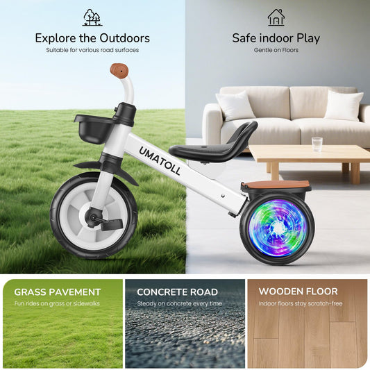 Umatoll Tricycle for Toddlers 2-5 Year Old, Ajustable Toddler Bike Outdoor Toys, Birthday Gift for Boy Girl Age 2-4, Trike with Light up Wheels