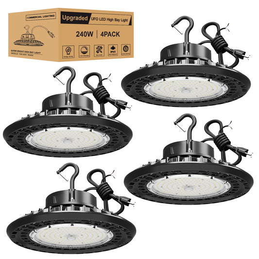 JC-LGL UFO LED High Bay Light 240W, Dimmable AC100-277V High Bay LED Lighting 36,000LM 6' Cable with Plug, Hanging Hook, Safe Rope, ETL Listed UFO Lighs for Warehouse Factory Barn Shop 4 Pack
