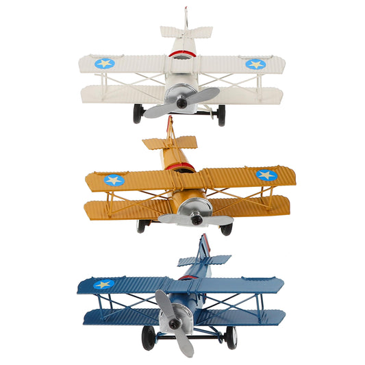 MAGICLULU Set of 3 Vintage Metal Airplane Decor, Handcrafted Iron Biplane Models, Retro Aircraft Desktop Ornaments for Office, Home, Bookshelf - Gift for Pilots & Aviation Fans (Blue, Yellow, White)