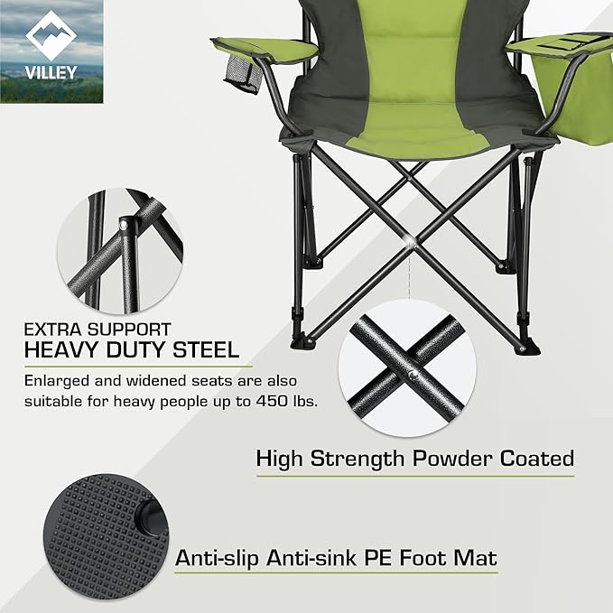 VILLEY Camping Chair, Oversized Folding Camp Chair, Portable Outdoor Chairs Support 400 LBS with Padded Seats, Cooler Bag, Cup Holder, Carry Bag, Green