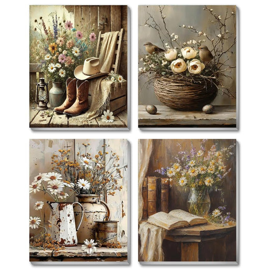 VIGEGU 4 Pack Paint by Numbers Kit for Adults Beginner with Frame Retro Floral,Paint by Numbers Oil Painting DIY Crafts for Adults Home Wall Decor 9.5x11.8inch