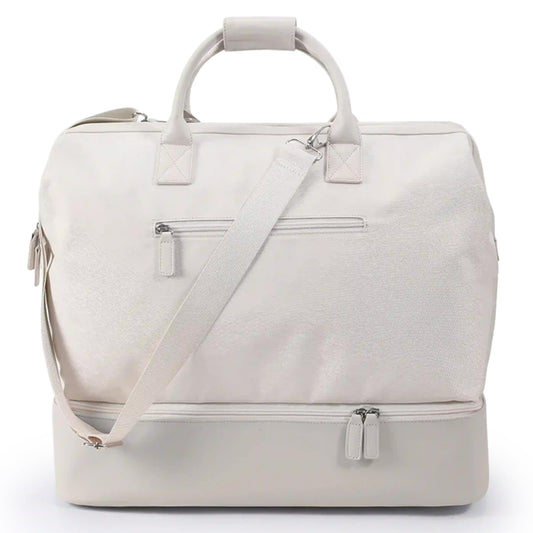 Nobl Travel Weekender Bag for Women & Men, Large Duffel Carry-On Tote with Trolley Sleeve, Separate Shoe Compartment & Laptop Pocket, Leather Overnight Bag for Airplane, Gym, Road Trips - Sand