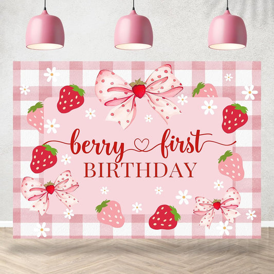 1st 7x5ft Berry First Birthday Backdrop for Girl Pink Bowknot Strawberry Photography Background Sweet One Birthday