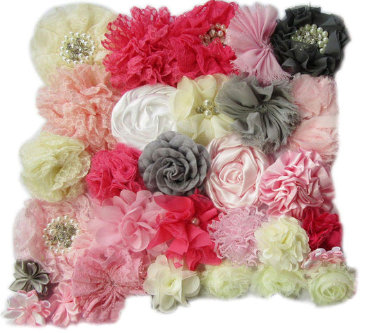 YYCRAFT 40pcs Craft Chiffon Flowers, Handmade Hair Flowers for DIY Headband Kit Bow Kit(Pink/Grey/Ivory)
