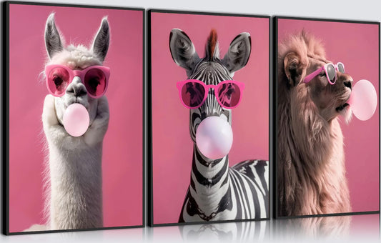 3 Pcs Funny Animal Canvas Wall Art, Pink Sunglasses Alpaca Zebra Lion Poster Prints, Modern Pop Art Wall Decor for Bedroom Bathroom Living Room Laundry Room, 12x16 Inch Unframed