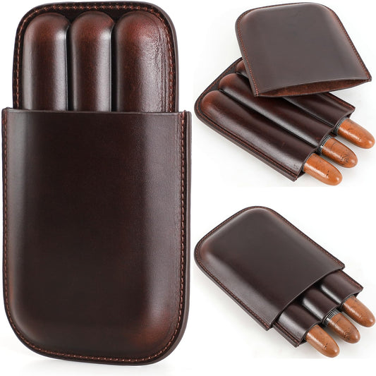CataPurus Top Grain Leather Travel Cigar Case Sleeve, Vintage Design, Fully Handmade, Genuine Leather Portable Cigar Humidor Case, Gift Choice for Cigar Lovers, Red Coffee for 3 Fingers
