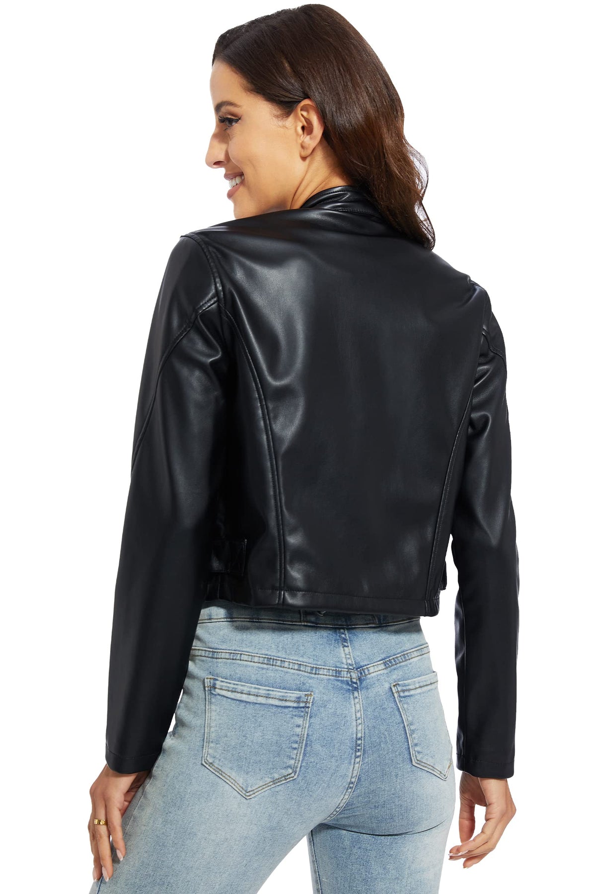 Fahsyee Faux Leather Jacket Women - Black Motorcycle Cropped Short Coat Moto Biker Blazer Slim Size Casual Soft Jackets Fashion M