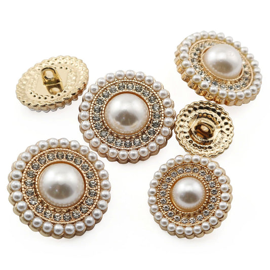 XGNG 16PCS Gold Diamond-Encrusted Pearl Buttons Metal Button Rhinestone Faux Pearl Buttons Embellishments for Coat, Suits, Knitting Sweaters, Sewing Crafting