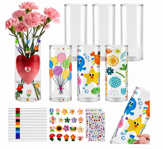 Cinrobiye 6 Set DIY Glass Vase Craft Kit, Clear Glass Flower Vase Painting Set with Decorative Flowers, Stickers and Pens for Home Decor, Creative Art Projects and Table Decoration
