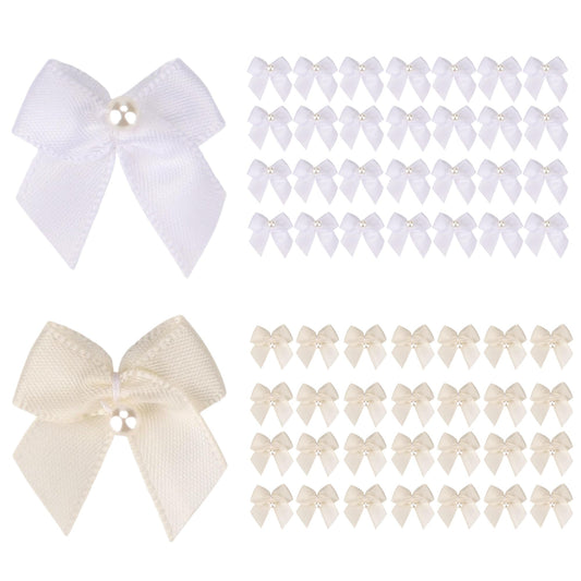 Meseey 60Pcs 2 Inch Mini White Ivory Satin Ribbon Bows with Pearl, Pre-Tied Small Neutral Flower Appliques for Sewing, Scrapbooking, Wedding, Baptism, Gift Wrapping & DIY Crafts