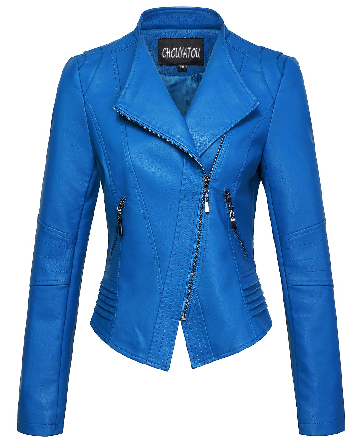 chouyatou Women's Casual Collarless Cropped Pu Leather Biker Jacket (Medium, Blue)