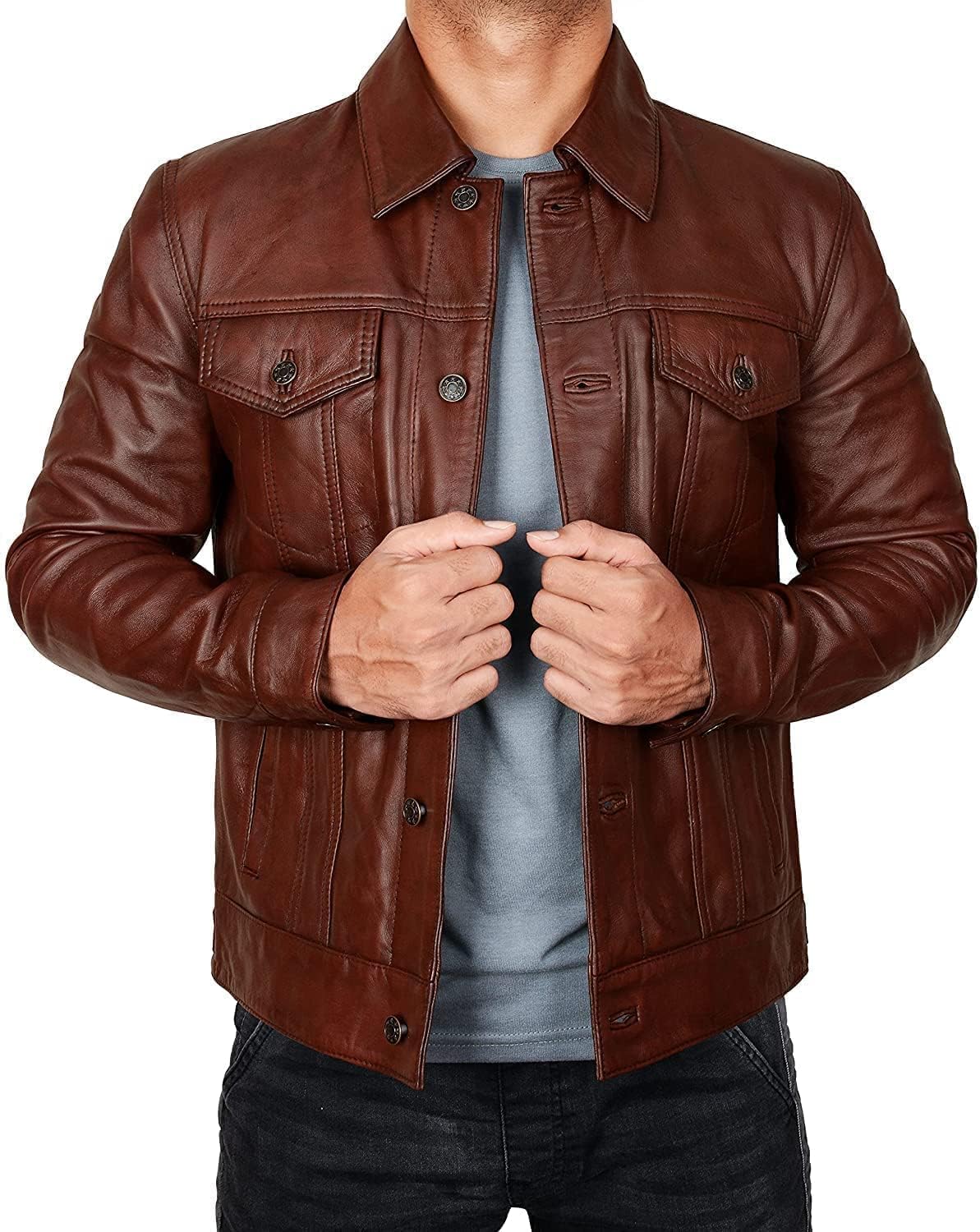 Brown Trukcer Jacket Men - Chaqueta De Cuero Marron | Trucker Brown - S