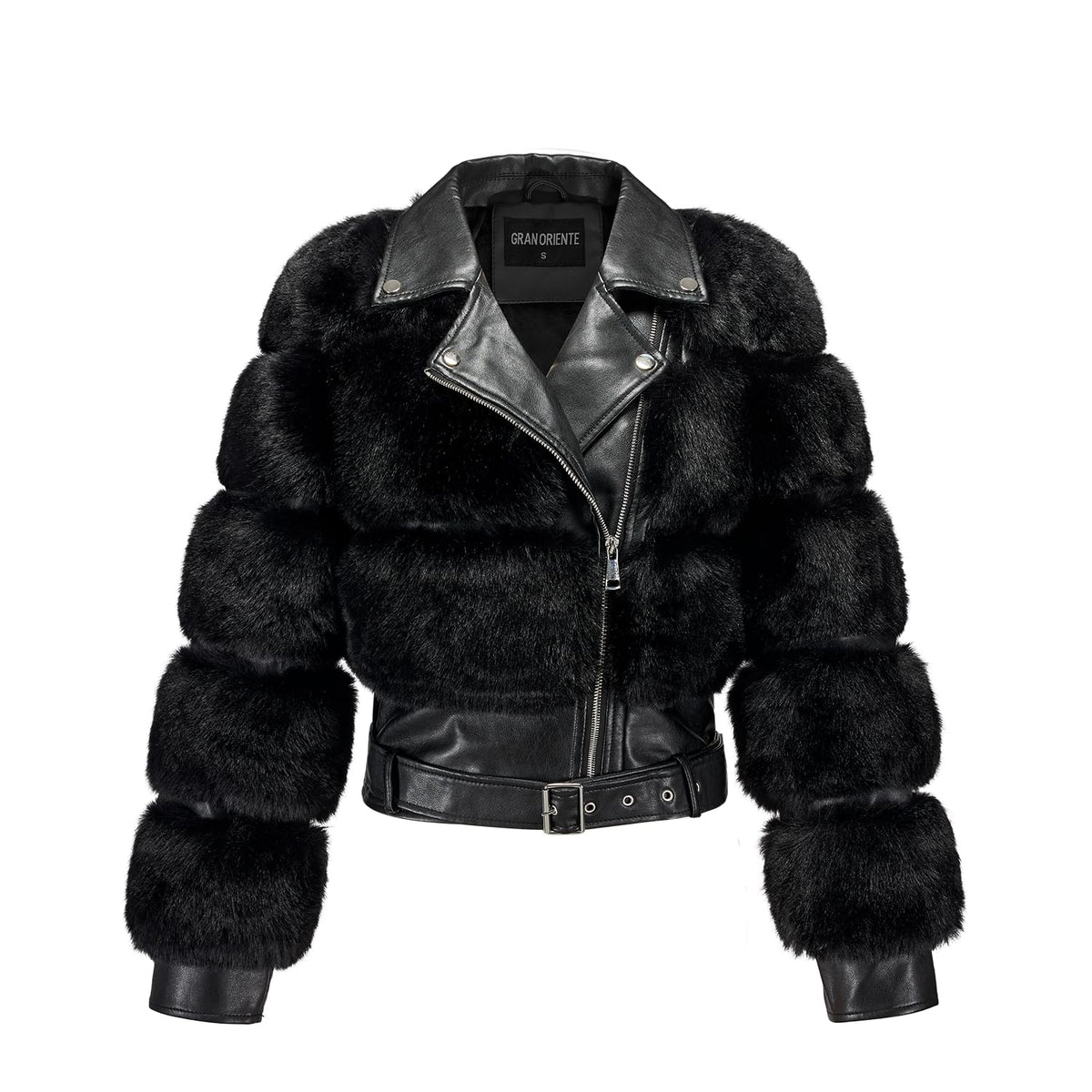 GRAN ORIENTE Women's Moto Style Cropped Faux Fur Jacket,Faux Leather Belted Biker Coat,Zip Up Plush Winter Outerwear (GK098A Black, M)