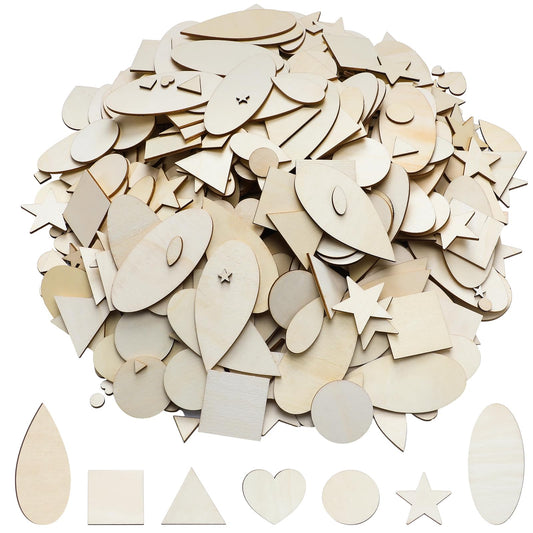 Gerrii 1000 Pcs Natural Wood Shapes Assortment Blank Wooden Craft Shapes Bulk Unfinished Wood Pieces Materials Cutouts Variety for Arts and Crafts Painting DIY Projects
