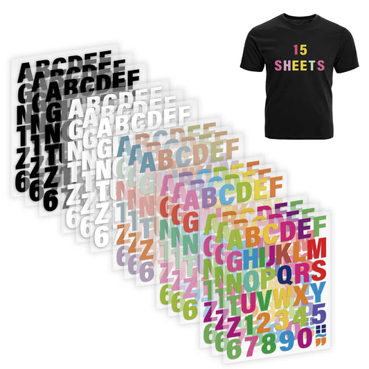 Iron on Letters for Clothing - 15 Sheets, 645 Pieces Multiple Colors PU Heat Transfer Vinyl, 2 Inch Alphabet & Numbers Stickers for T-Shirts, Easy DIY - A-Z & 0-9, Perfect for Fabric Crafting