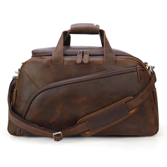 TIDING Full Grain Leather Duffle Bag for Men - 20 Inch TSA Approved Carry On Weekender Overnight Travel Duffel Bags