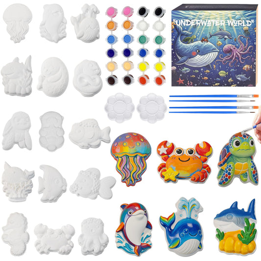 Yamgqus 24 Pcs Paint Your Own Plaster Jungle Animals Painting Kit, DIY Ceramic Arts and Crafts for Kids and Adults, Children Birthday Gift Party Event (Ocean)
