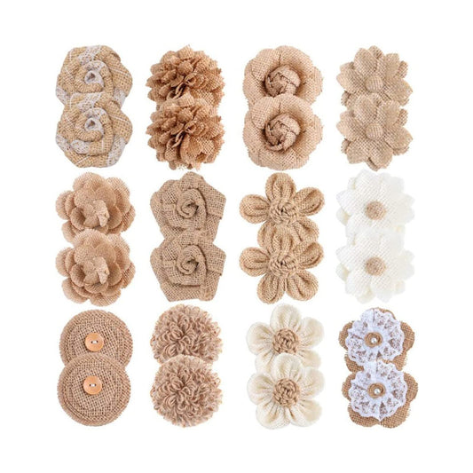 KUMGROT 24pcs Burlap Fabric Flowers Diy Handmade Flower Burlap Roses Diy Vintage Rustic Flowers for Crafts Party Decoration 12 Style Burlap Flowers