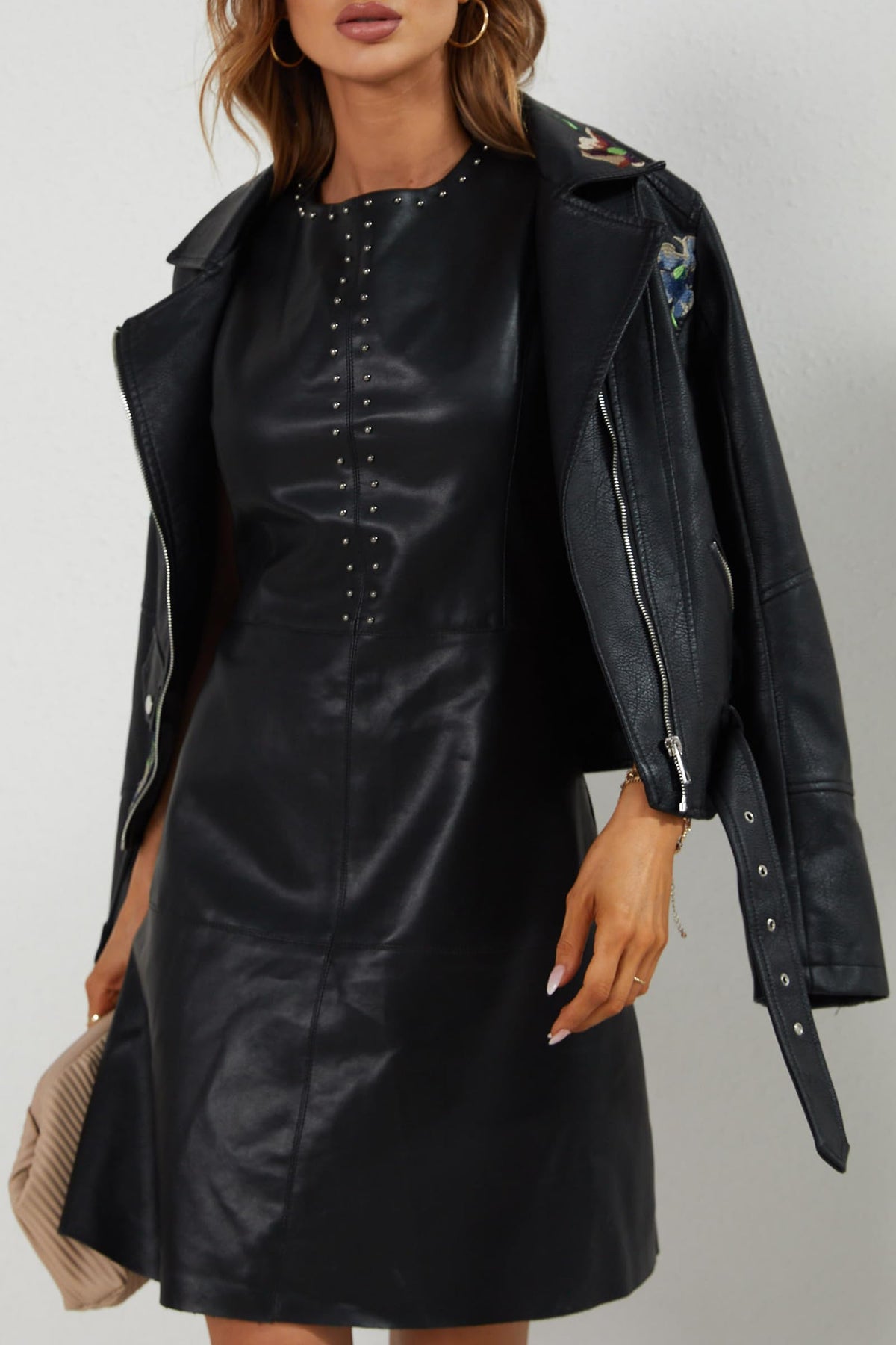 Bellivera Women's Faux Leather Jacket Floral Lightweight Moto Coat Black 1XL