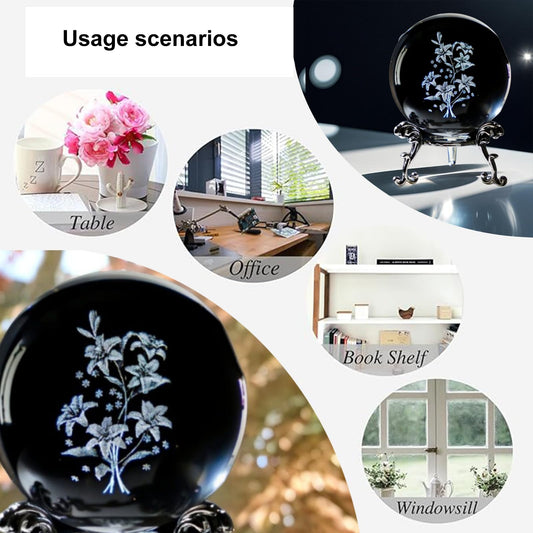 2.36in 3D Laser Engraved Flower Crystal Ball with Base Glass Sphere Ornament Paperweight for Desktop Display Shelf or Ambient Decor