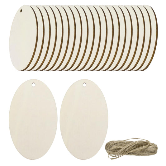 uxcell 36pcs Oval Blank Wood Tags with Hole 4 x 2.4 Inch Unfinished Wood Pieces Wooden Gift Tags with 32.8 Ft Rope for Craft Projects, Hanging Decorations, Gift Making